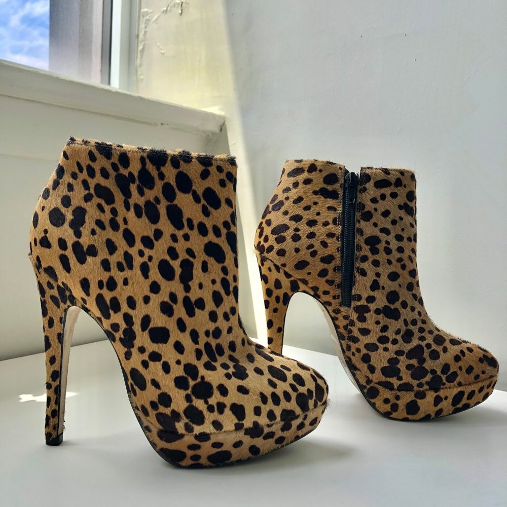 TOPSHOP Leopard Print Pony Hair Platform Booties